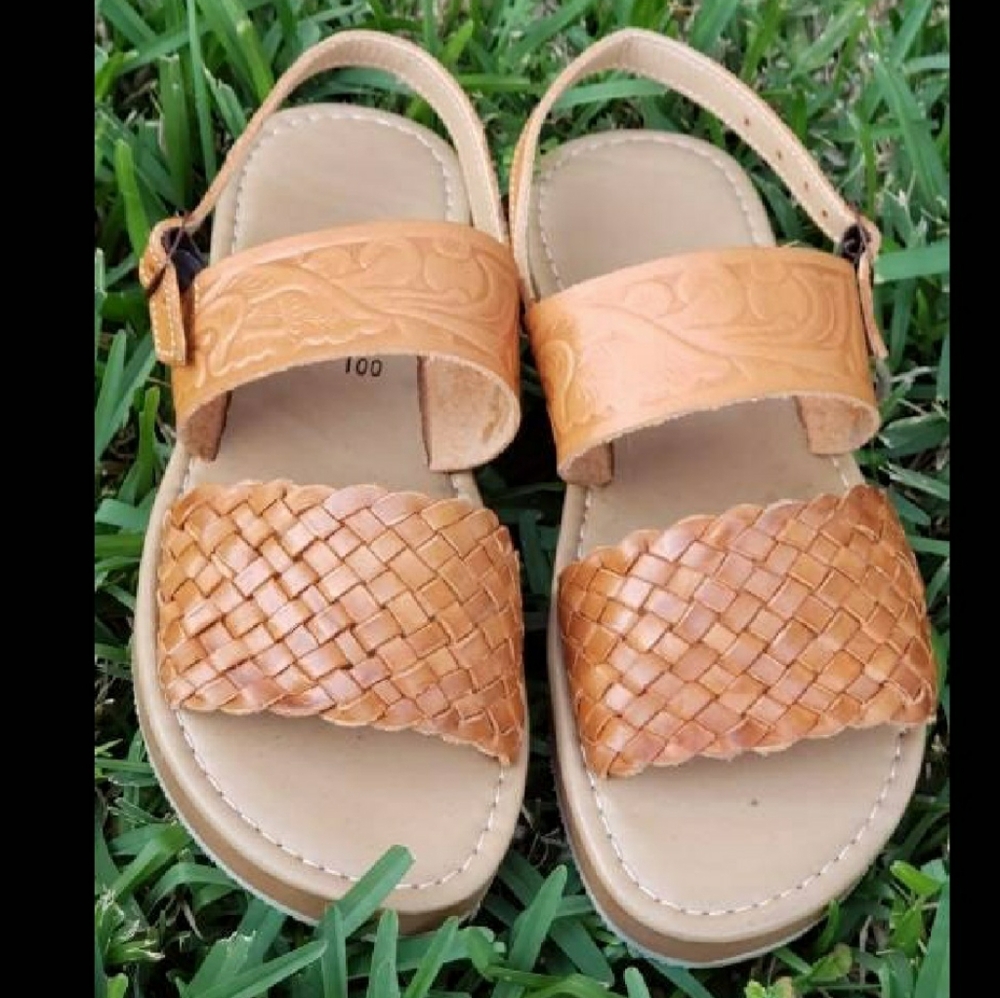 Tan Woven Leather Sandals • Boho Summer Slip-On • Comfort Flat Sandals - Picture 2 of 3